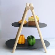 MGprof Этажерка 2-х ярусная 31*13,5/41*18,5 см. h=37 см. овальная с дерев. ножкой черная, сланец MGprof /1/5/