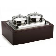 Pintinox (Италия) Мармит 1-х блюд, 2 кастрюли 5 л. с крышками, нерж., подставка дерево, коричневый Pinti /1/ Под заказ