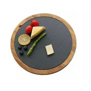 MGprof Блюдо для подачи круг. d=30 см. h=1,5 см. черное, сланец, на деревянной подставке MGprof /1/12/