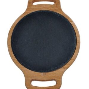 MGprof Блюдо для подачи круглое d=20 см. h=1,5 см. черное, сланец, на дерев. подставке с ручками /1/