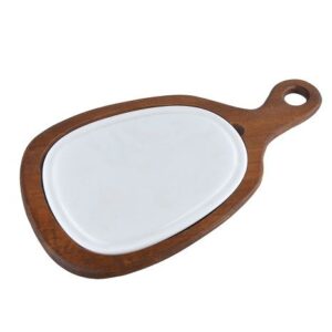 Bonna (Турция) Блюдо для подачи 24,5*20,5 см. h=2,5 см. с ручкой на дерев. подставке, фарфор серия Белый Bonna /1/6/