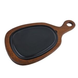 Bonna (Турция) Блюдо для подачи 24,5*20,5 см. h=2,5 см. с ручкой на дерев. подставке, фарфор серия Черный Bonna /1/6/