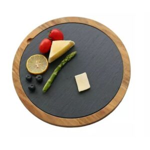 MGprof Блюдо для подачи круглое d=30 см. h=1,5 см. черное, сланец, на деревянной подставке MGprof /1/12/