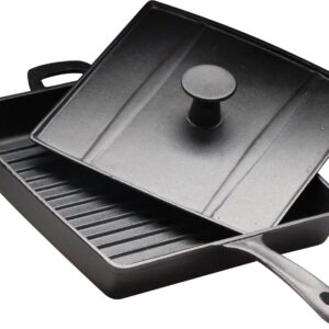 Сковорода чугунная рифленая 270х270 мм «Цыплята табака» с крышкой-прессом Luxstahl [HEGP30]